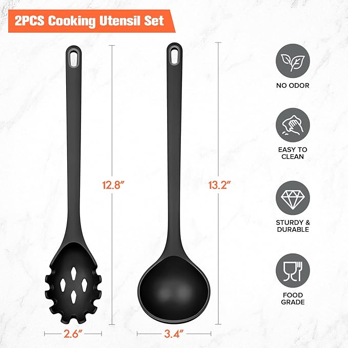 Silicone Spaghetti Spoon&Soup Ladle Cooking Utensils Set of 2,No Scratch for Nonstick Cookware,BPA Free, 450℉ Heat Resistant (BLACK) - Image 6