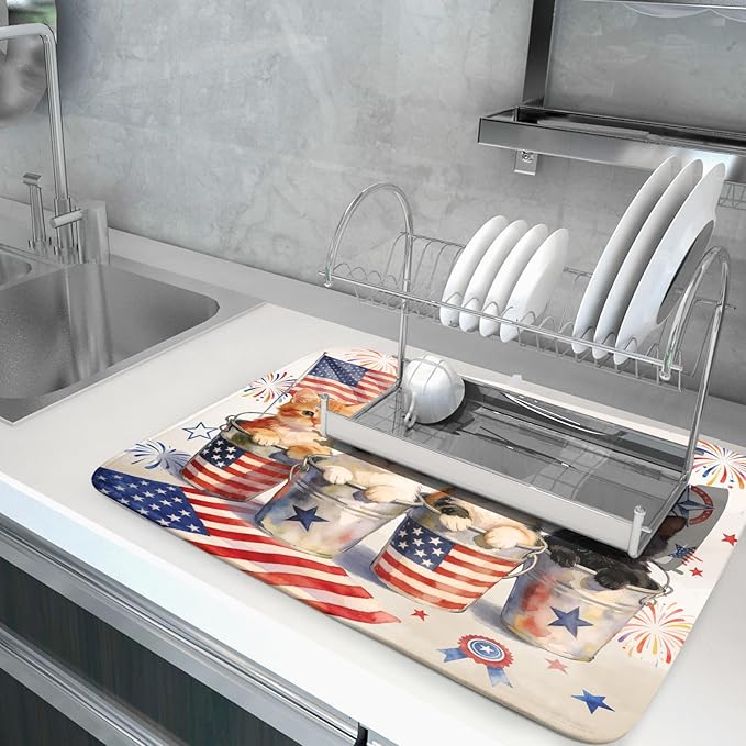Vintage Patriotic Dish Drying Mat Cute Cats American Flag Drying Matt Kitchen Counter for Home Decor - Image 5