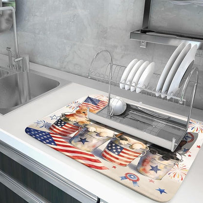 Vintage Patriotic Dish Drying Mat Cute Cats American Flag Drying Matt Kitchen Counter for Home Decor - Image 5