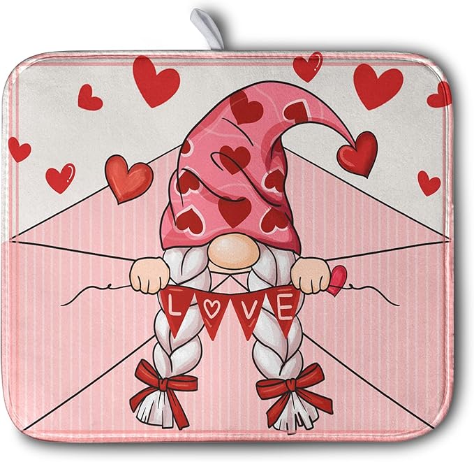 Valentine's Day Love Letter Dish Drying Mat for Kitchen Counter, Love Letter Gnome Absorbent Dish Pad Large Dish Drainer Mats for Countertop 16x18 Inch by Kwlegh