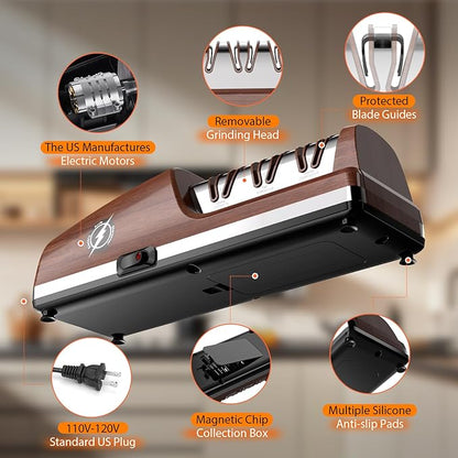 Replaceable Sharpener Electric Knife Sharpener, 3-Stage with 100% Diamond Abrasives & Precision Angle Guides, Kitchen Knife Sharpener with Sharpening and Polishing Function (Dark oak wood grain) - Image 4