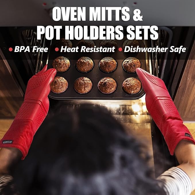 Rorecay 6pcs Oven Mitts and Pot Holders Sets for Kitchen, Extra Long Silicone Oven Gloves Heat Resistant 500 Degrees Non-Slip Potholders Hot Pads for Baking Cooking, Quilted Liner, Red - Image 5