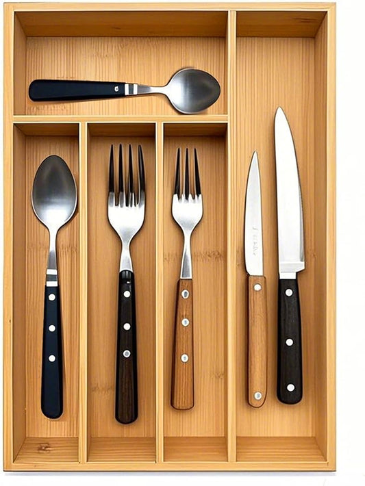 guiogc Kitchen Bamboo Silverware Drawer Organizer，Silverware Organizer and Cutlery Tray with Grooved Drawer Dividers for Silverware, Knives in Kitchen, Bedroom (5 Slot-Natural)