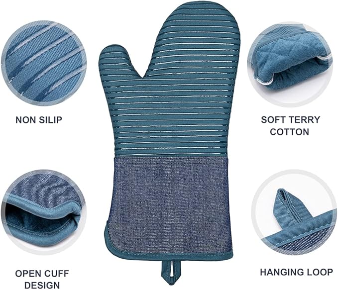 Yutat Oven Mitts, Pot Holders Set of 4 Made with Pure Cotton and Food Grade Non-Slip Silicone - 500 F Heat Resistant Oven Mitts and Pot Holders Sets for Kitchen Cooking (4pcs Set, Pc Blue and Denim) - Image 3