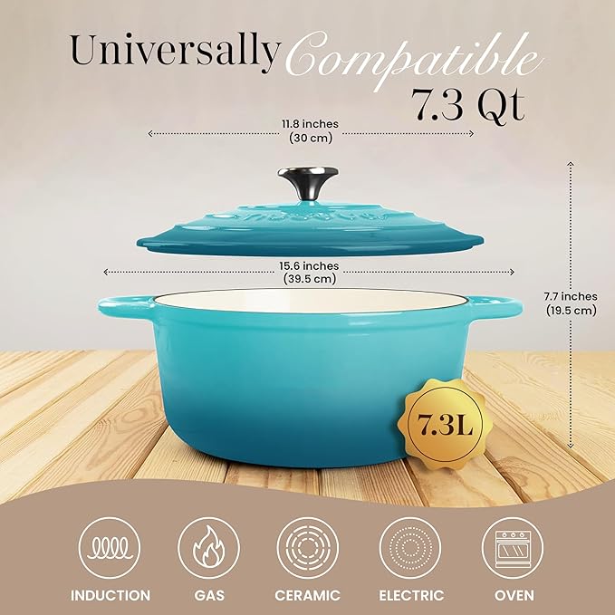 Cast Iron Dutch Oven with Lid – Non-Stick Ovenproof Enamelled Casserole Pot – Sturdy Dutch Oven Cookware – Teal, 7.3-Quart, 30cm – by Nuovva - Image 2