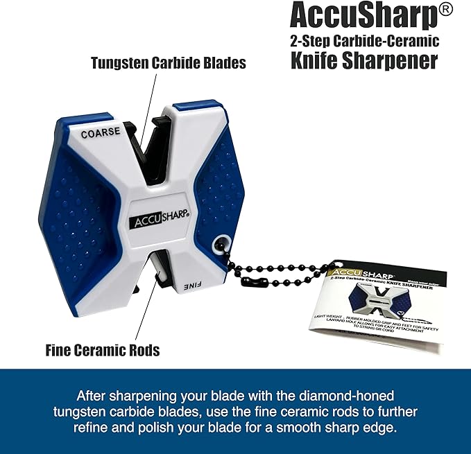 AccuSharp Pull Through Knife Sharpener Keychain, 2-Stage Sharpener for Straight or Serrated Kitchen Knives, Handheld Tool for Fishing & Hunting, White/Blue - Image 4
