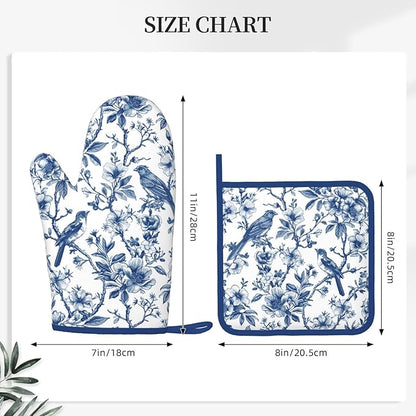 Blue Silicone Oven Mitts Pan Mats Set of 2, Heat Resistant Gloves Potholder with Non-Slip Grips Hanging Loops Pot Holder, Spring Summer for Chef Cooking, Baking, Grilling, BBQ