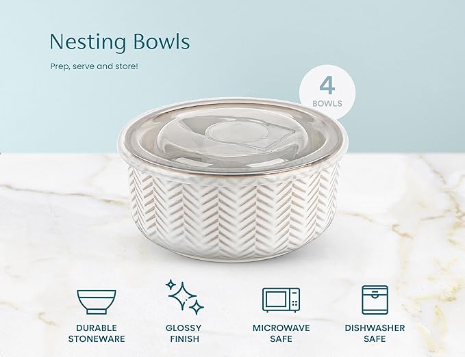 KooK Serving Bowls, with Lids, Ceramic Nesting Bowls, Set of 4, Embossed, Kitchen, Prep, Stackable, Gift, Microwave and Dishwasher Safe, 16/29/47/70 oz, Narbonne Collection (Ivory) - Image 7