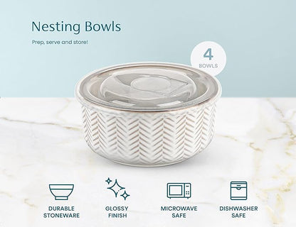 KooK Serving Bowls, with Lids, Ceramic Nesting Bowls, Set of 4, Embossed, Kitchen, Prep, Stackable, Gift, Microwave and Dishwasher Safe, 10/16/29/47 oz, Narbonne Collection (Ivory) - Image 7