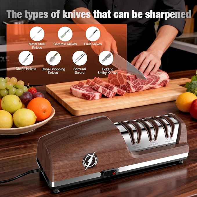 Replaceable Sharpener Electric Knife Sharpener, 3-Stage with 100% Diamond Abrasives & Precision Angle Guides, Kitchen Knife Sharpener with Sharpening and Polishing Function (Dark oak wood grain) - Image 6