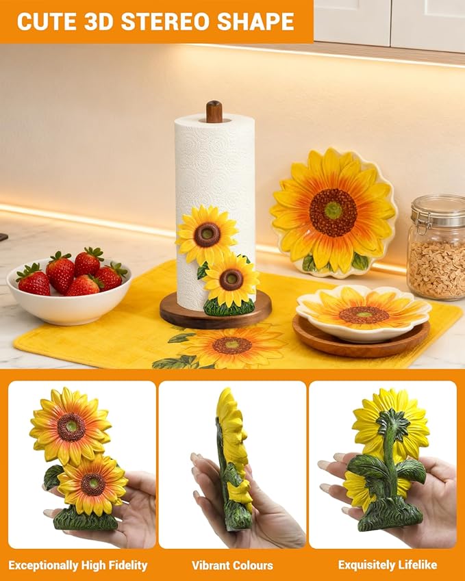 Sunflower Paper Towel Holder, Yellow Sunflower Kitchen Decor for Countertop, Gifts for Women Mom Grandma, Wooden Stand with 3D Resin Floral Accent, Non-Slip Base, Fits Standard & Jumbo Rolls