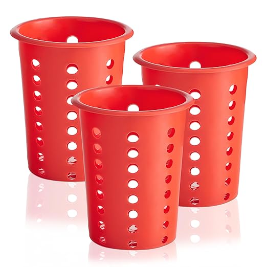OCS Parts Perforated Utensil Drying Cups | Red | Set of 3 | Plastic Flatware Holder Cylinders for Kitchen Counter Organization by OCSParts