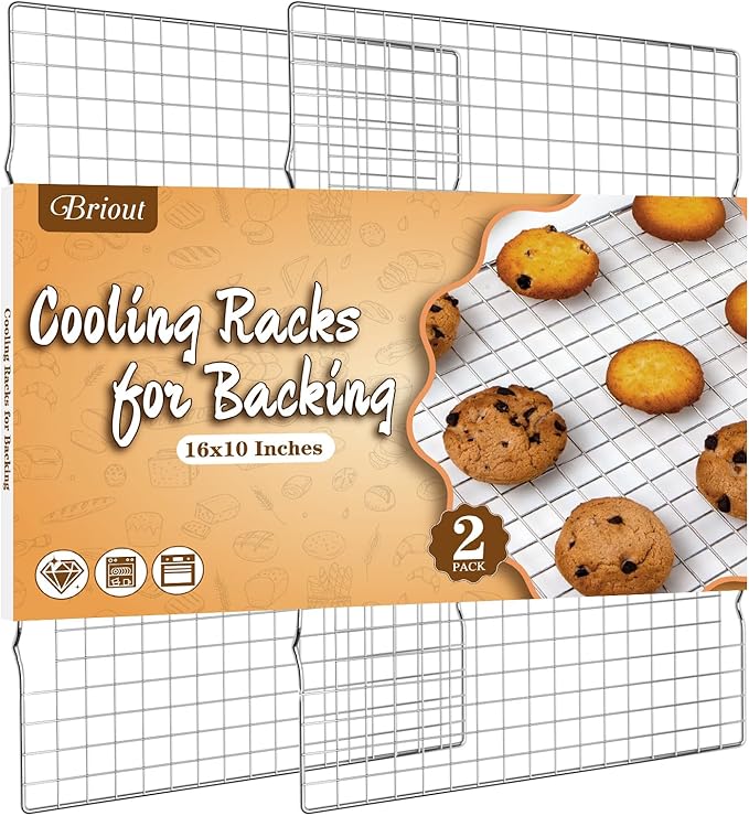Cooling Rack for Baking 2-Pack, 16x10 Inches Baking Rack, Thick Wire Cookie Rack for Cooking, Roasting, Grilling, Drying, Oven Safe, Fits Half Sheet Pan, Silver by Briout