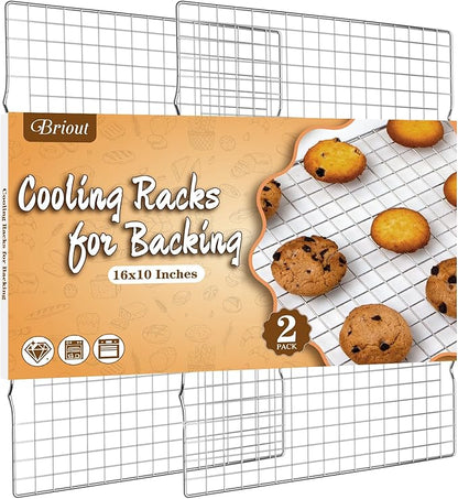 Cooling Rack for Baking 2-Pack, 16x10 Inches Baking Rack, Thick Wire Cookie Rack for Cooking, Roasting, Grilling, Drying, Oven Safe, Fits Half Sheet Pan, Silver by Briout