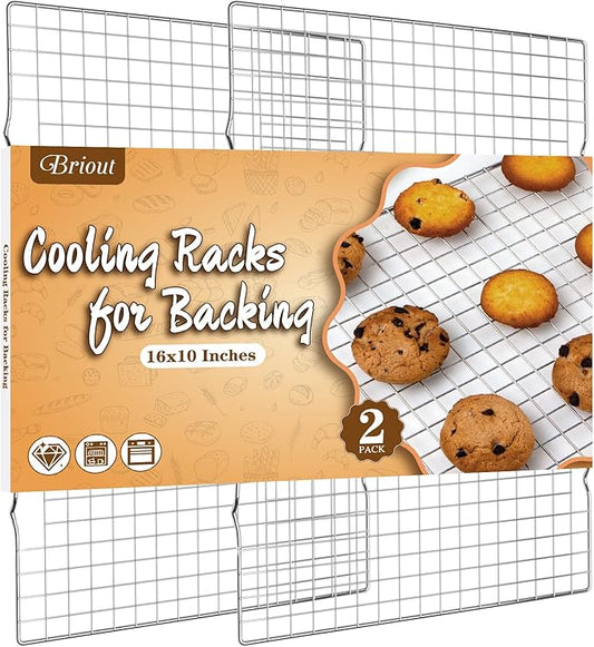 Cooling Rack for Baking 2-Pack, 16x10 Inches Baking Rack, Thick Wire Cookie Rack for Cooking, Roasting, Grilling, Drying, Oven Safe, Fits Half Sheet Pan, Silver by Briout