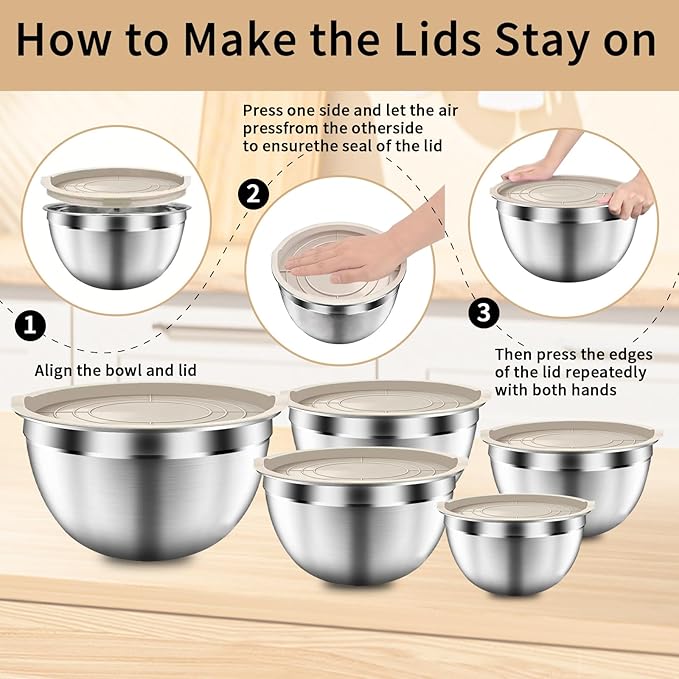 Mixing Bowls with Airtight Lids Set, 5 PCS Stainless Steel Khaki Nesting Bowls for Kitchen, Large Prep Metal Mixing Bowls for Kitchen, 5.5/4/3.5/2/1.5 QT for Mixing & Serving