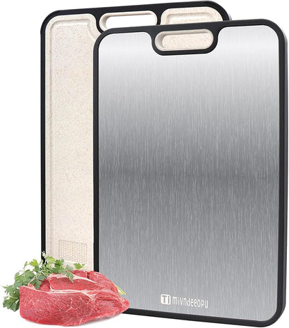Titanium Cutting Board, Titanium Cutting Boards for Kitchen Food Grade Metal Meat Cutting Boards Non Toxic, Pure Cut Titanium & Wheat Straw PP Double Sided Chopping Board, Large 15.2”×10.5” (1 Pcs)
