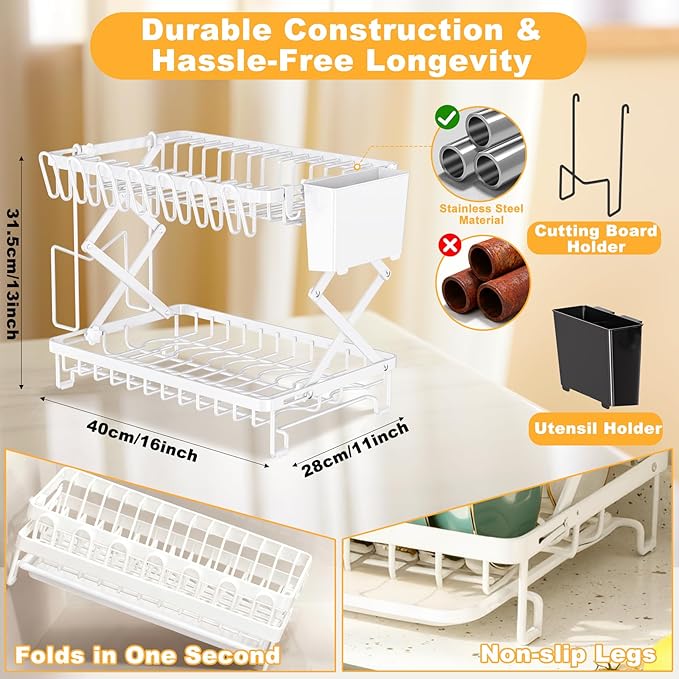 2-Tier Dish Racks for Kitchen Counter, Large Dish Drainers for Kitchens Counter Stainless Steel Kitchen Dishes Drying Rack, Space Saving Dishes Strainer for Bowl, Plate, Cup - Modern Counter Organizer - Image 3