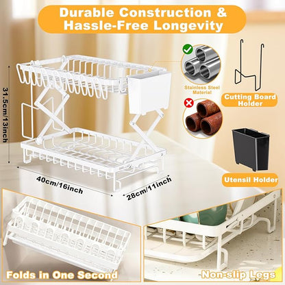 2-Tier Dish Racks for Kitchen Counter, Large Dish Drainers for Kitchens Counter Stainless Steel Kitchen Dishes Drying Rack, Space Saving Dishes Strainer for Bowl, Plate, Cup - Modern Counter Organizer - Image 3