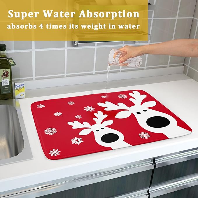 Christmas Dish Drying Mat for Kitchen Counter Cute Reindeer Winter Microfiber Absorbent Dish Draining Reusable Washable Foldable Extra Large 18"x24" - Image 7