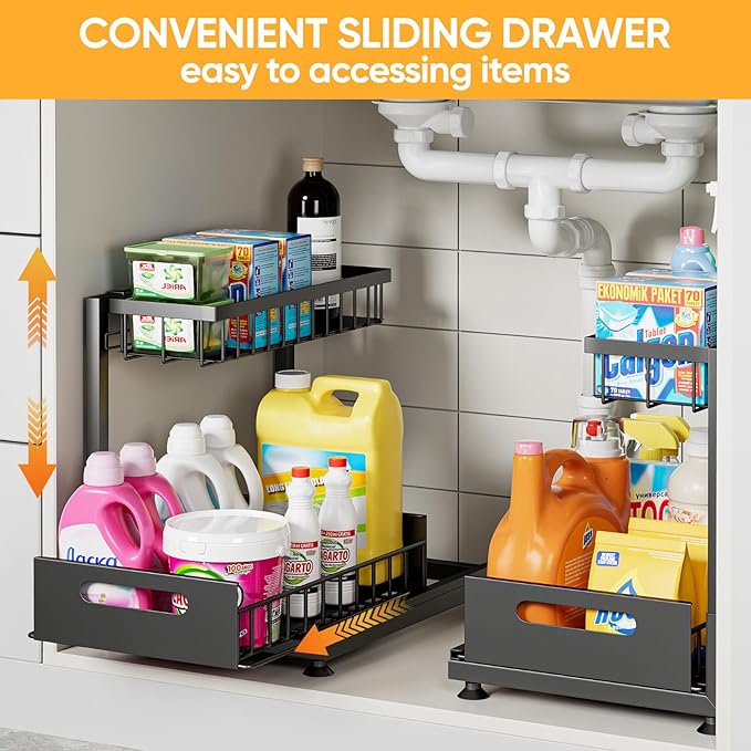 Saydear Under Sink Organizer Storage 2-Tier Premium Metal Pull-Out Kitchen Cabinet Organizer with Sliding Drawer, Height Adjustable, Heavy Duty for Kitchen & Bathroom Organizers 2 Pack Black - Image 9