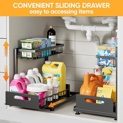 Saydear Under Sink Organizer Storage 2-Tier Premium Metal Pull-Out Kitchen Cabinet Organizer with Sliding Drawer, Height Adjustable, Heavy Duty for Kitchen & Bathroom Organizers 1 Pack Black - Image 9