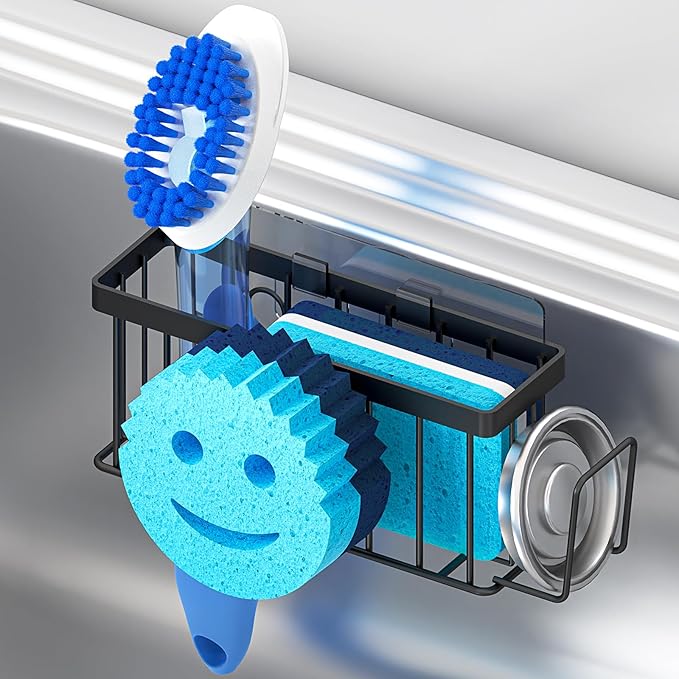 MURLONG Sponge Holder for Kitchen Sink,Sink Caddy Smiley Face,4-in-1 Sponge Holder with Suction Cups & 1 PCS Adhesive Strips for Holding Soap,Brush,Scrubber,Sponge,Stopper-Black by MURLONG