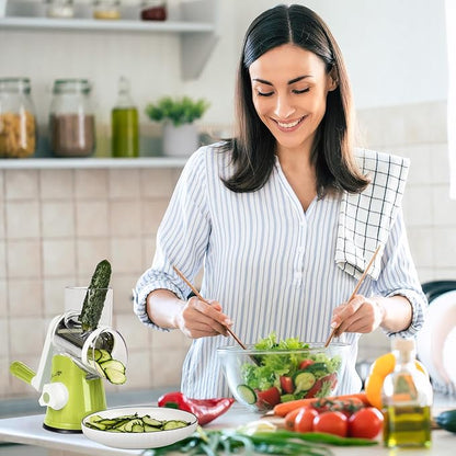 X Home Rotary Cheese Grater for Kitchen, Shredder with 3 Interchangeable Blades, Rotary Grater with Handle and Strong Suction Base, for Vegetables, Fruit, Nuts, Easy to Use and Clean, Green - Image 8