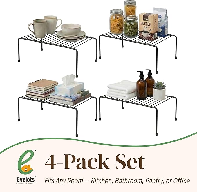Evelots Kitchen Cabinet Wire Shelf Organizer/Rack - 4 Pack Sturdy Metal Shelf Risers - Double Your Counter Space - Great for Kitchen, Freezer, Pantry and Bathroom - Rustproof - Black - Image 7