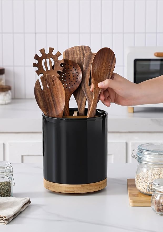 LoeJan 3 Compartment Utensil Holder, Extra Large Utensil Crock, Stable Ceramic Utensil Organizer, Cooking Tool Organizer Set for Kitchen Counter Farmhouse Decor (D-Black(Grossy)) - Image 4