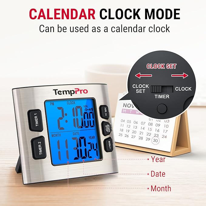TempPro TM02 24H Digital Timer with Dual Kitchen Timers for Cooking, Magnetic Timer Clock with Adjustable Alarm Volume & LCD Backlit Display, Classroom Timer for Kids & Teachers(Previously ThermoPro) - Image 3