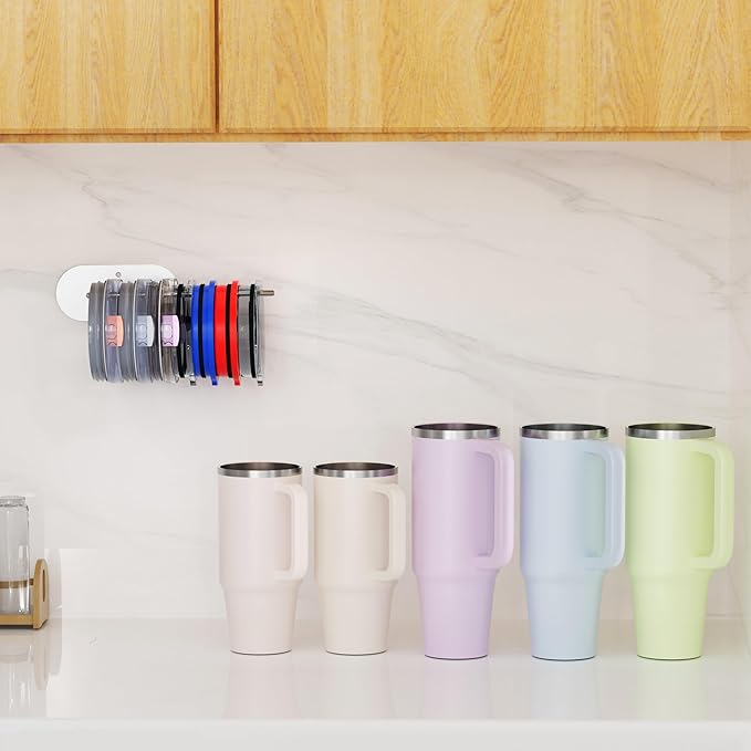 4 Pack Tumbler Lid Organizer, Space Saving Cup Lid Organizer for Yeti/Stanley/Simple Modern Tumbler Lids, Self-Adhesive or Drilling Tumbler Lid Hook for Kitchen Organizers and Storage - Image 7