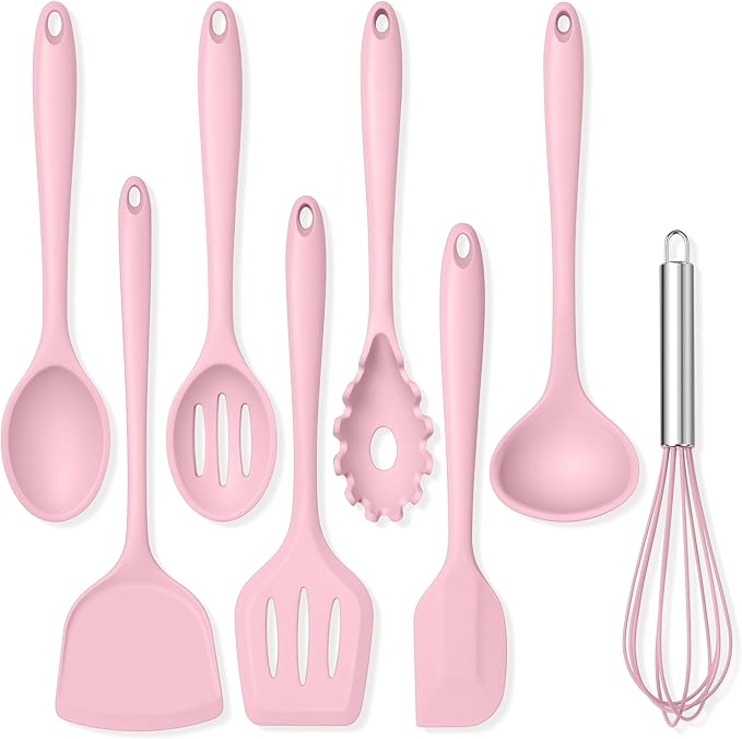 TeamFar 8 PCS Silicone Cooking Utensils - 446°F Heat Resistant Kitchen Silicon Utensils Set, Turner, Spatula, Spoon, Whisk, Kitchen Cooking Gadgets Tools for Nonstick Cookware, Dishwasher Safe-Pink by TeamFar