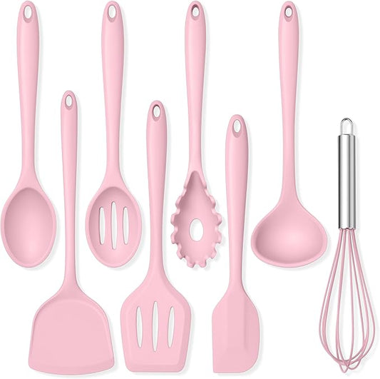 TeamFar 8 PCS Silicone Cooking Utensils - 446°F Heat Resistant Kitchen Silicon Utensils Set, Turner, Spatula, Spoon, Whisk, Kitchen Cooking Gadgets Tools for Nonstick Cookware, Dishwasher Safe-Pink by TeamFar