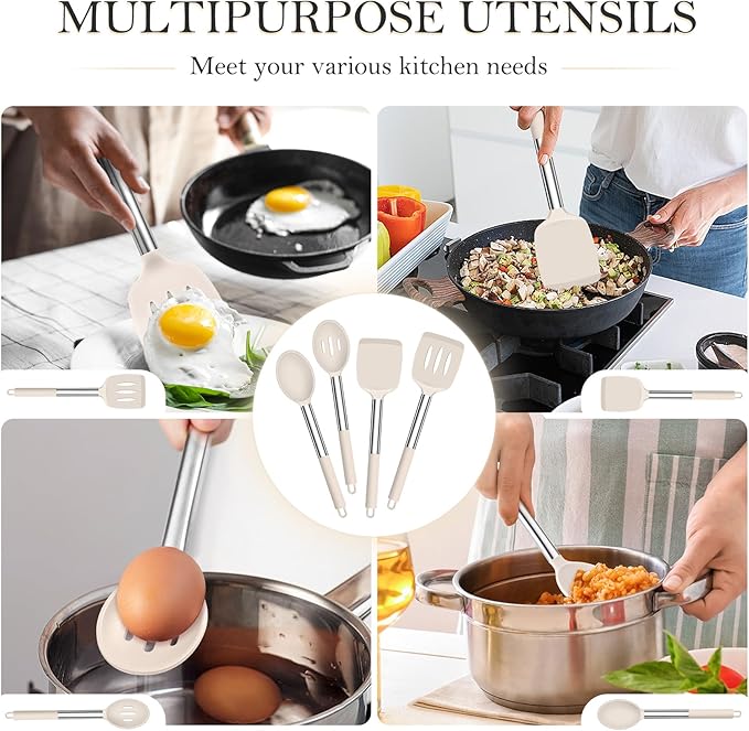 TeamFar Kitchen Utensils, 4 PCS Silicone Cooking Utensils Spatula Spoon Set with Stainless Steel Handle, for Frying Mixing Draining Turning, Healthy & Heat-proof, Non-stick & Dishwasher Safe - Khaki - Image 6