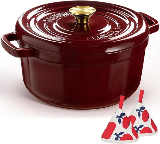 Overmont Enameled Cast Iron Dutch Oven - 5QT Pot with Lid Cookbook & Cotton Potholders - Heavy-Duty Cookware for Braising, Stews, Roasting, Sourdough Baking burgundy by Overmont