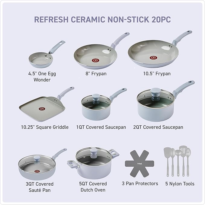 T-Fal Refresh Ceramic Nonstick Cookware Set, 20-Piece, Oven Safe to 350°F, Includes Stockpot, Griddle, Frying Pans, Utensils, Ceramic Pots and Pans Set, Blue - Image 2