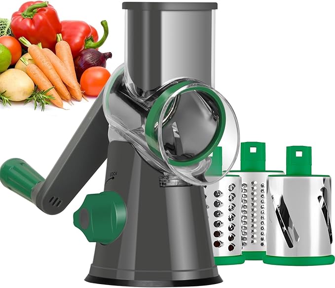Ourokhome Rotary Cheese Grater Hand Crank, Kitchen Shredder Speed Mandolin Slicer Nuts Grinder with Handle and Drum Blades for Cheese, Vegetable, Walnuts, Chocolate, Potato, Carrot, 3 Blades, Gray by Ourokhome