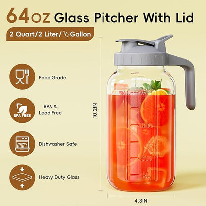Glass Mason Jar Pitcher, 64 oz Wide Mouth Jug with Pour Spout Handle Lid for Cold Brew Coffee, Ice Beverage, Iced Juice, Lemonade, Sun Tea, Fruit Drinks Container(Gray) - Image 2