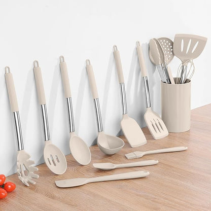 Onader Silicone Cooking Utensils Set of 15, Kitchen Utensils Set with Holder for Nonstick Cookware, 446°F Heat Resistant Stainless Steel Handle - Khaki - Image 9