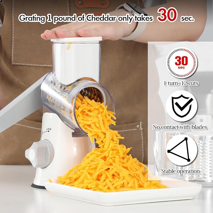 Ourokhome Rotary Cheese Grater Hand Crank, Kitchen Shredder Speed Mandolin Slicer Ice Shaver with Handle and Drum Blades for Cheese, Vegetable, Nuts, Chocolate, Potato, Carrot, 5 Blades, White - Image 6