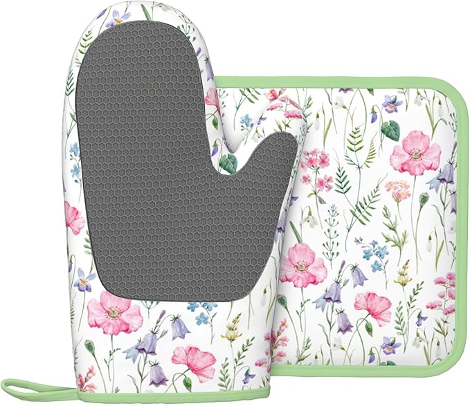 Pink Floral Silicone Oven Mitts Pan Mats Set of 2, Heat Resistant Gloves Potholder with Non-Slip Grips Hanging Loops Pot Holder, Spring Summer for Chef Cooking, Baking, Grilling, BBQ