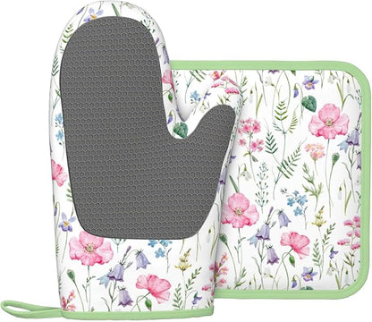Pink Floral Silicone Oven Mitts Pan Mats Set of 2, Heat Resistant Gloves Potholder with Non-Slip Grips Hanging Loops Pot Holder, Spring Summer for Chef Cooking, Baking, Grilling, BBQ