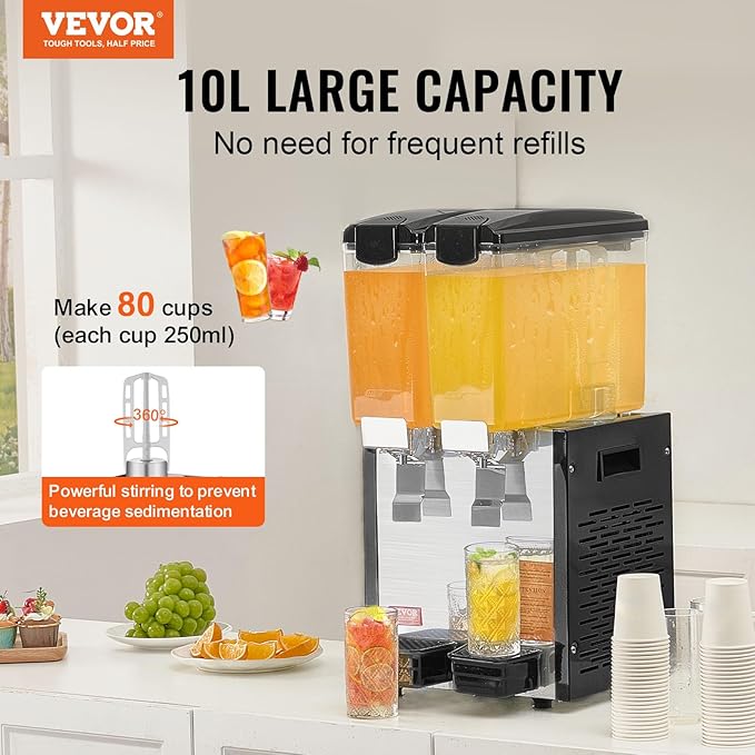 VEVOR Commercial Beverage Dispenser, 2 Tanks 10 L / 10.6 QT Per Tank Juice Dispenser, 270W Stainless Steel Ice Tea Drink Machine with 45°F-54°F Cooling Temperature, for Cold Drink Restaurant Bar Party - Image 2