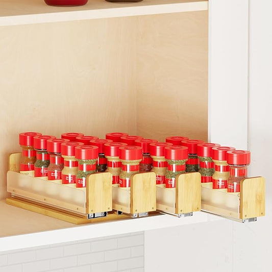 SpaceAid Bamboo Pull Out Spice Rack Organizer for Cabinet, Heavy Duty Slide Out Seasoning Kitchen Pantry Sliding Vertical Organization, 10.1" Wide, 4 Drawers(2" Wide), 1-Tier, Natural by SpaceAid
