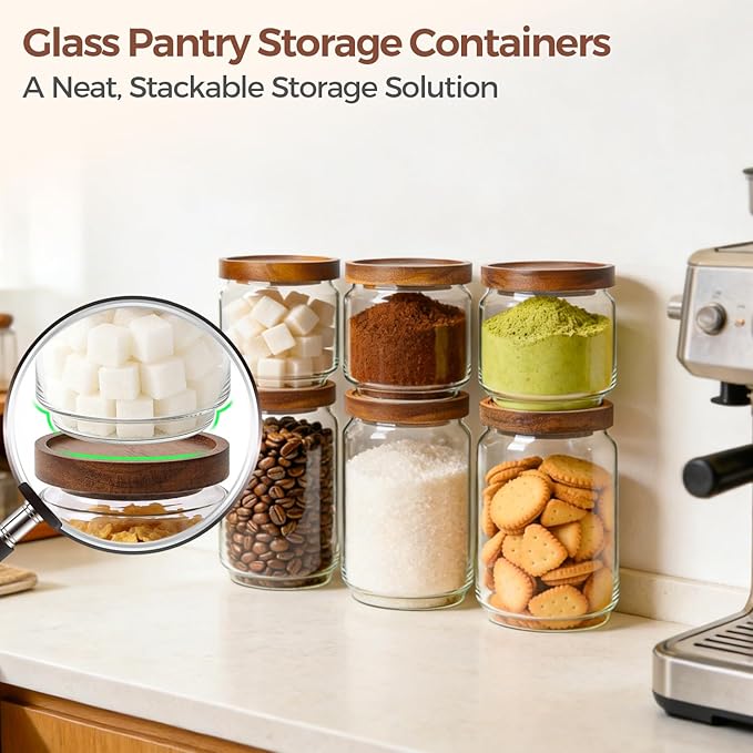 ComSaf 6PCS (1.1Qt/0.5Qt) Glass Pantry Storage Container with Acacia Wood Lid, Airtight Glass Canister with Stacked Design for Orderly Organizing, Glass Jar Organizing Dry Goods in Pantry & Cabinet - Image 4