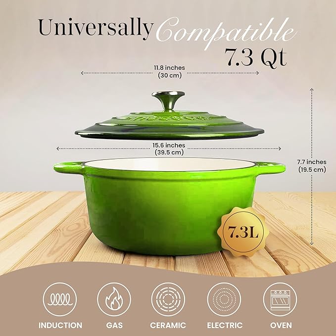 Cast Iron Dutch Oven with Lid – Non-Stick Ovenproof Enamelled Casserole Pot – Sturdy Dutch Oven Cookware – Green, 7.3-Quart, 30cm – by Nuovva - Image 2