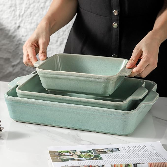 HVH 9x13 Baking Dish Set, Large Casserole Dishes for Oven, Ceramic Bakeware Set of 3, Rectangular Lasagne Pan Deep for Baking (Turquoise) - Image 7