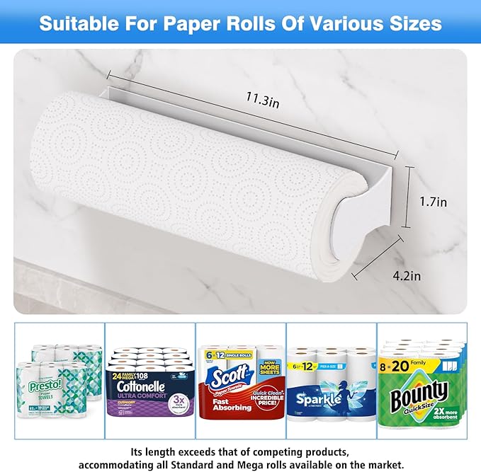 Paper Towel Holder Under Cabinet, White, Adhesive & Wall Mount, Under Counter Paper Towel Rack for Kitchen and Bathroom, Home and Kitchen Decor - Image 5