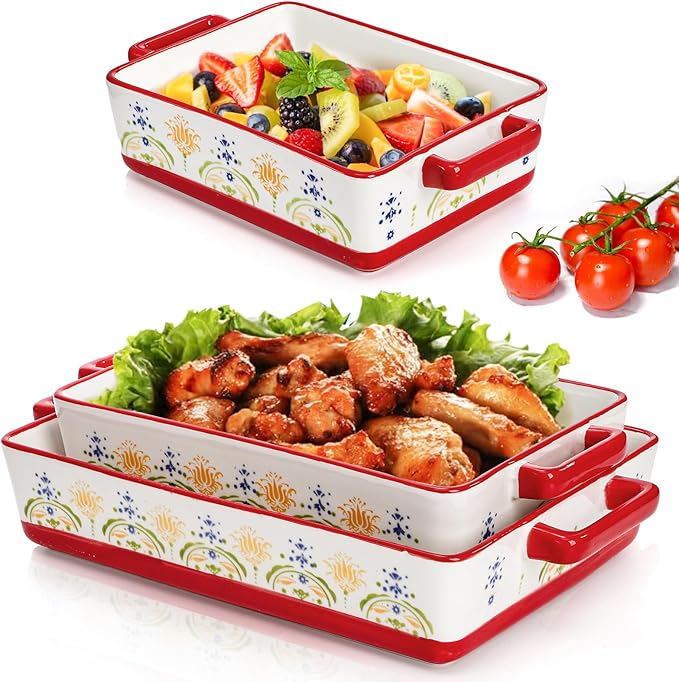 WRINGKIT Set of 3 Ceramic Baking Dishes, Rectangular Casserole Dish for Oven, Ceramic Bakeware Lasagna Pan Deep with Handles for Cooking, Baking, Wedding Gift, 3 Sizes (12''/10.7''/7.7''), Red by WRINGKIT